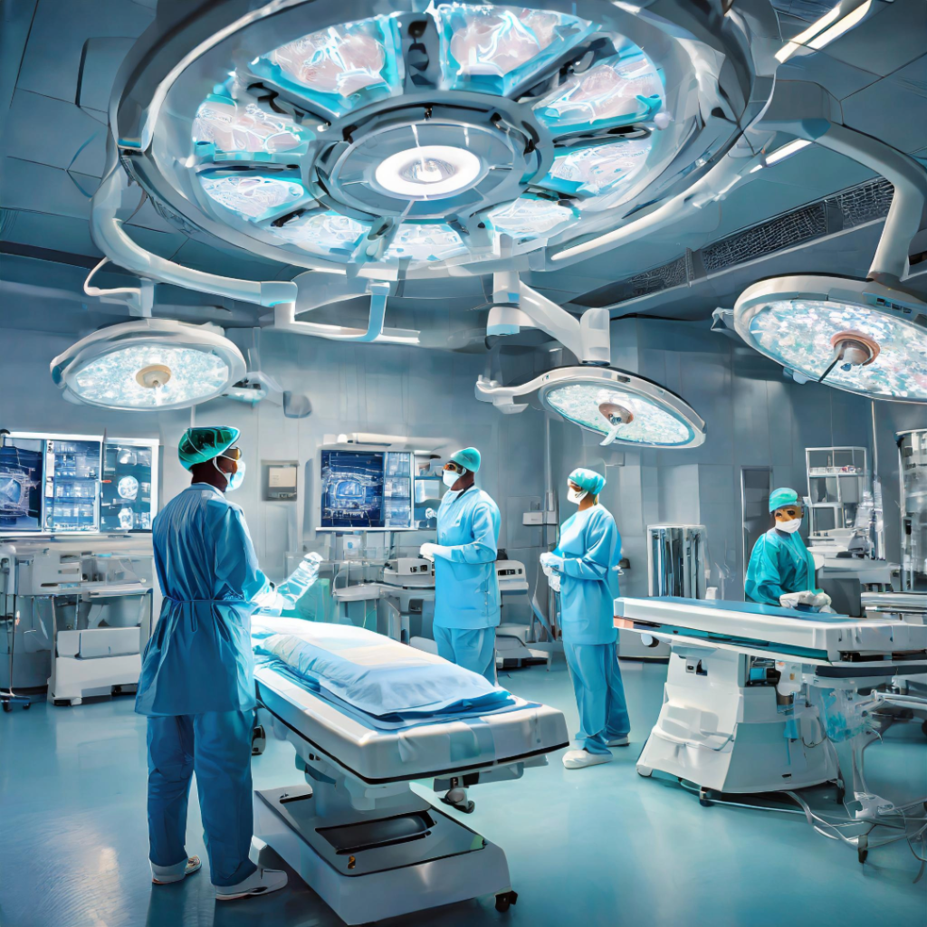 Futuristic surgical suite with AR technology assisting medical professionals