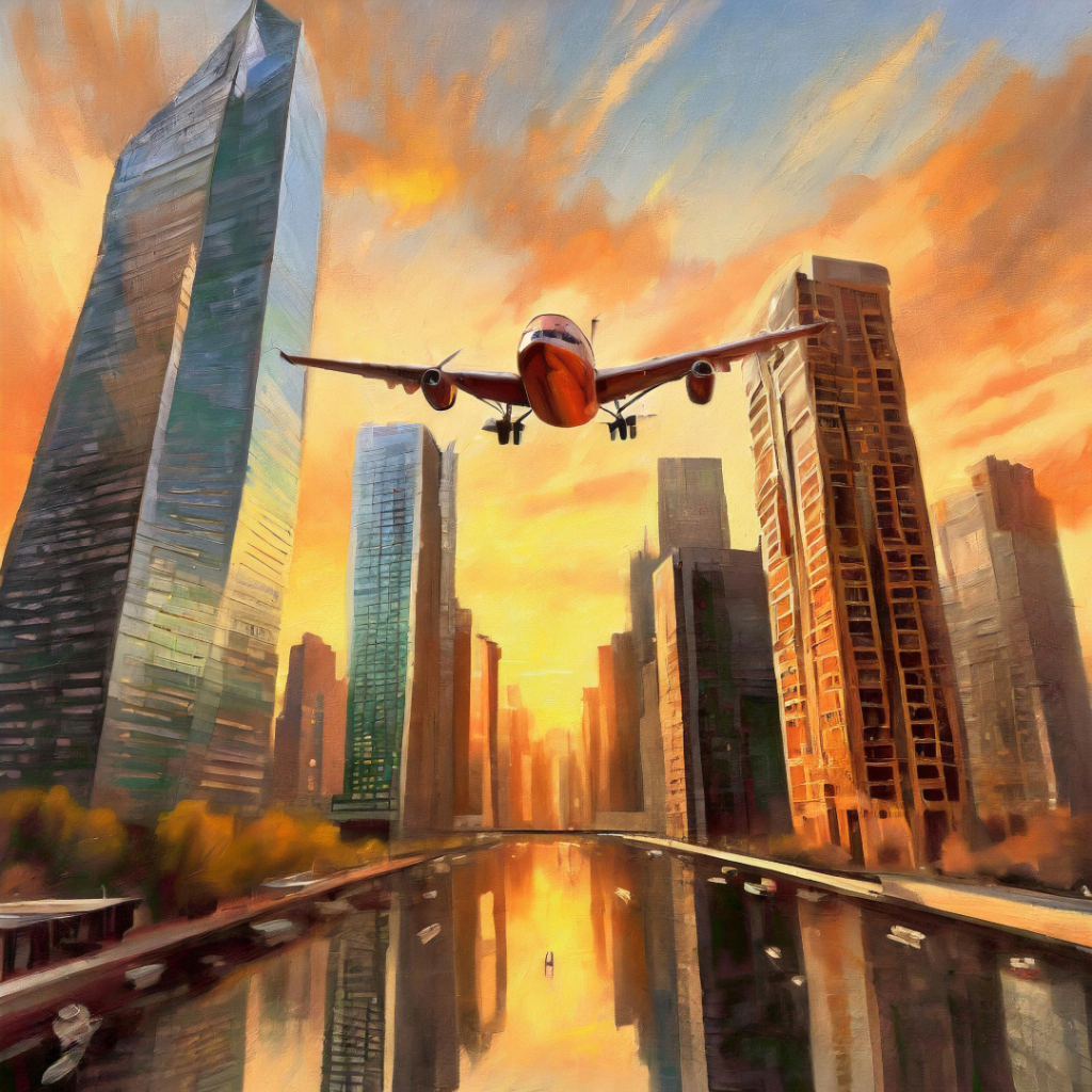 A futuristic cityscape at sunset with flying vehicles and illuminated skyscrapers.