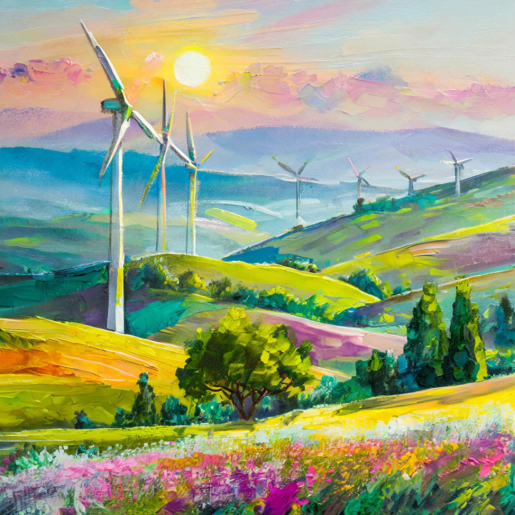 An engaging visual representation of renewable energy technologies with diverse landscapes and communities