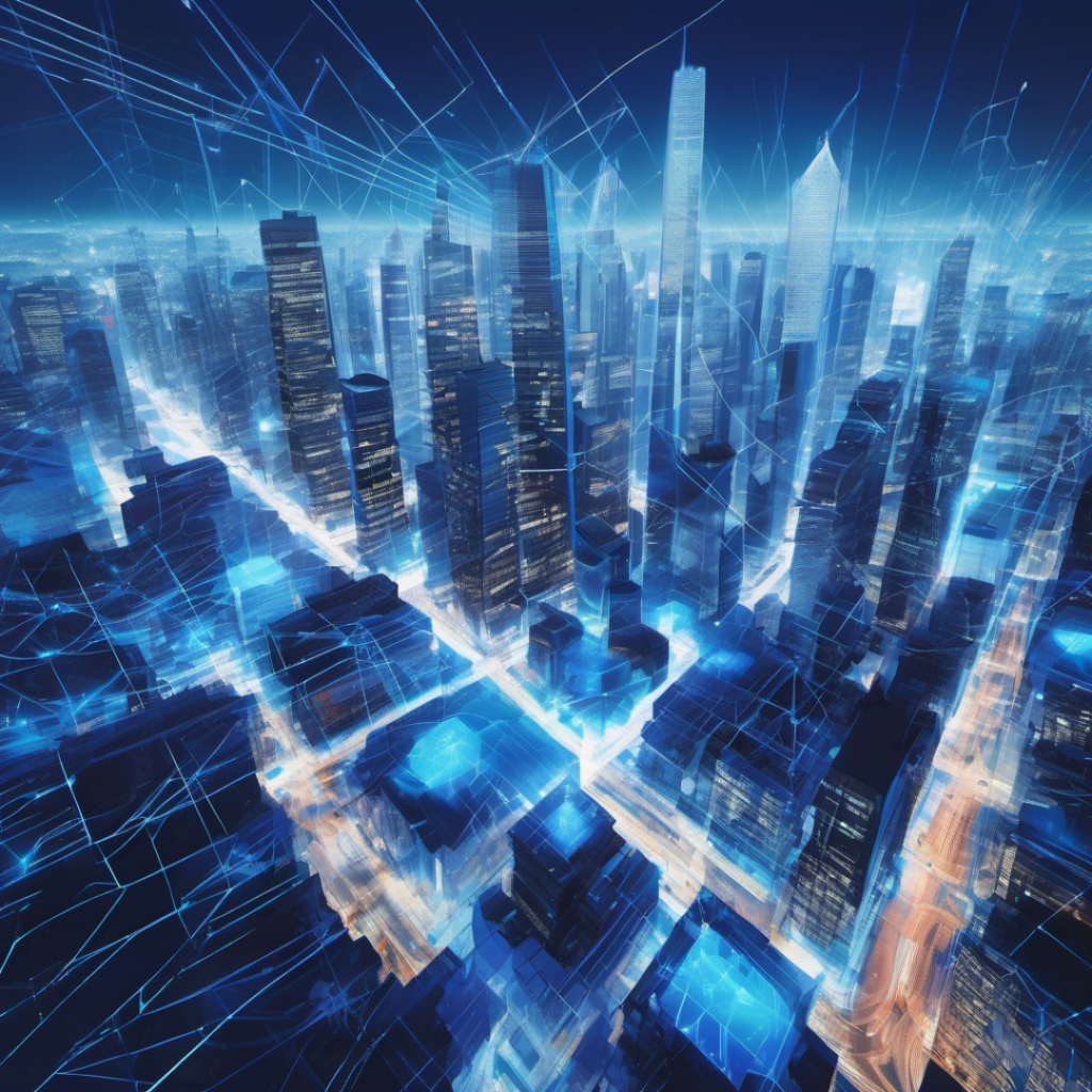 A futuristic cityscape with glowing blue energy grids powered by 5G technology