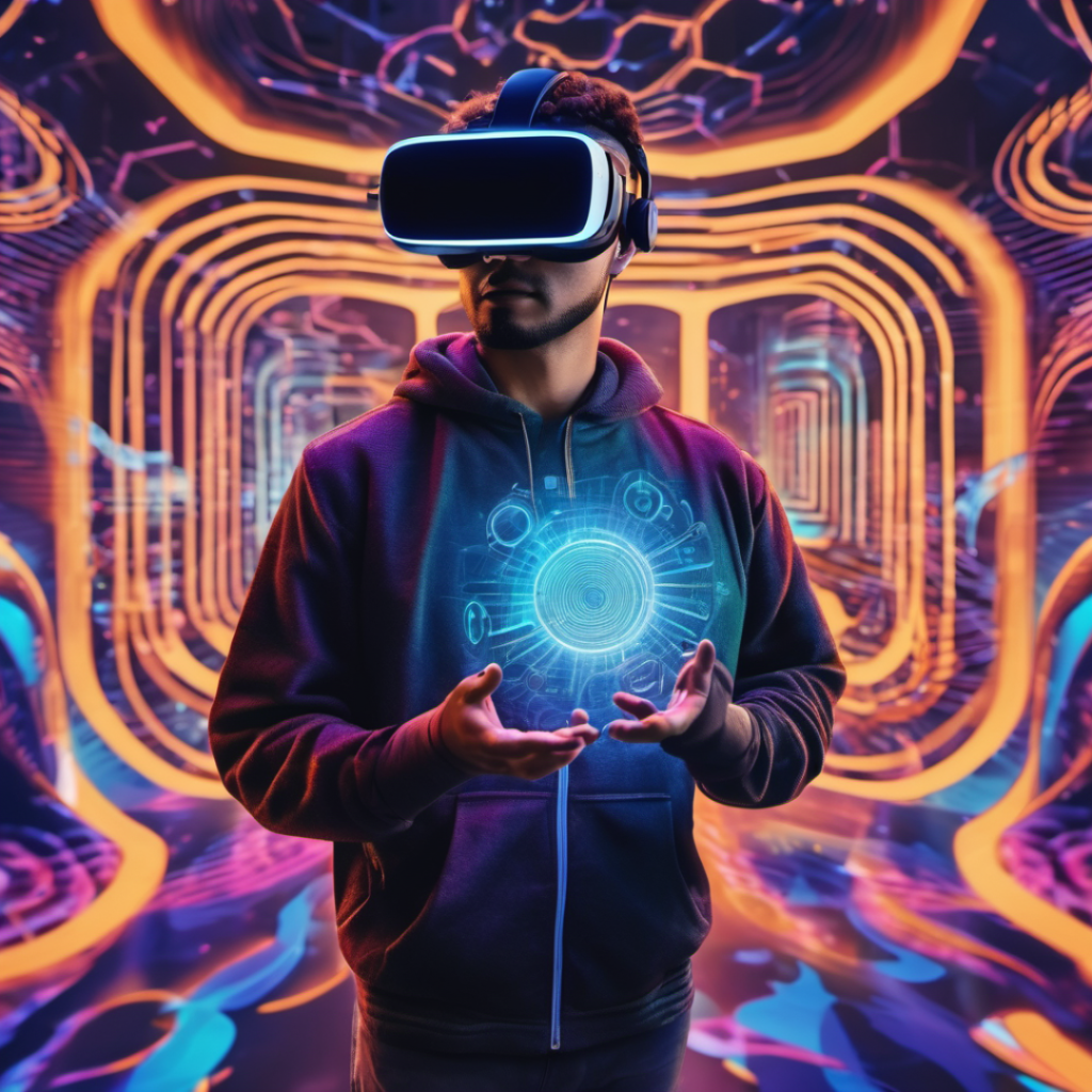 A person wearing VR goggles immersed in a vivid virtual reality world