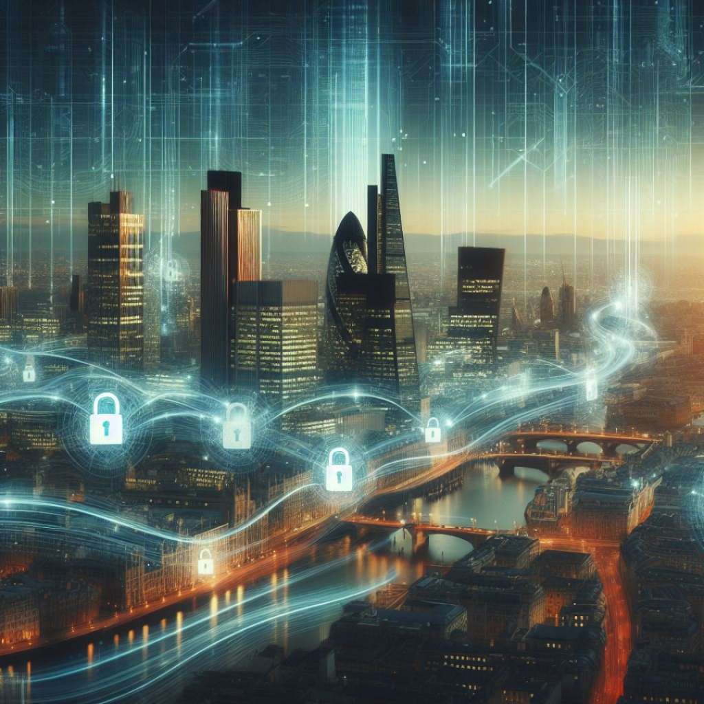 A futuristic cityscape with secure, glowing data streams flowing between buildings, symbolizing advanced cybersecurity