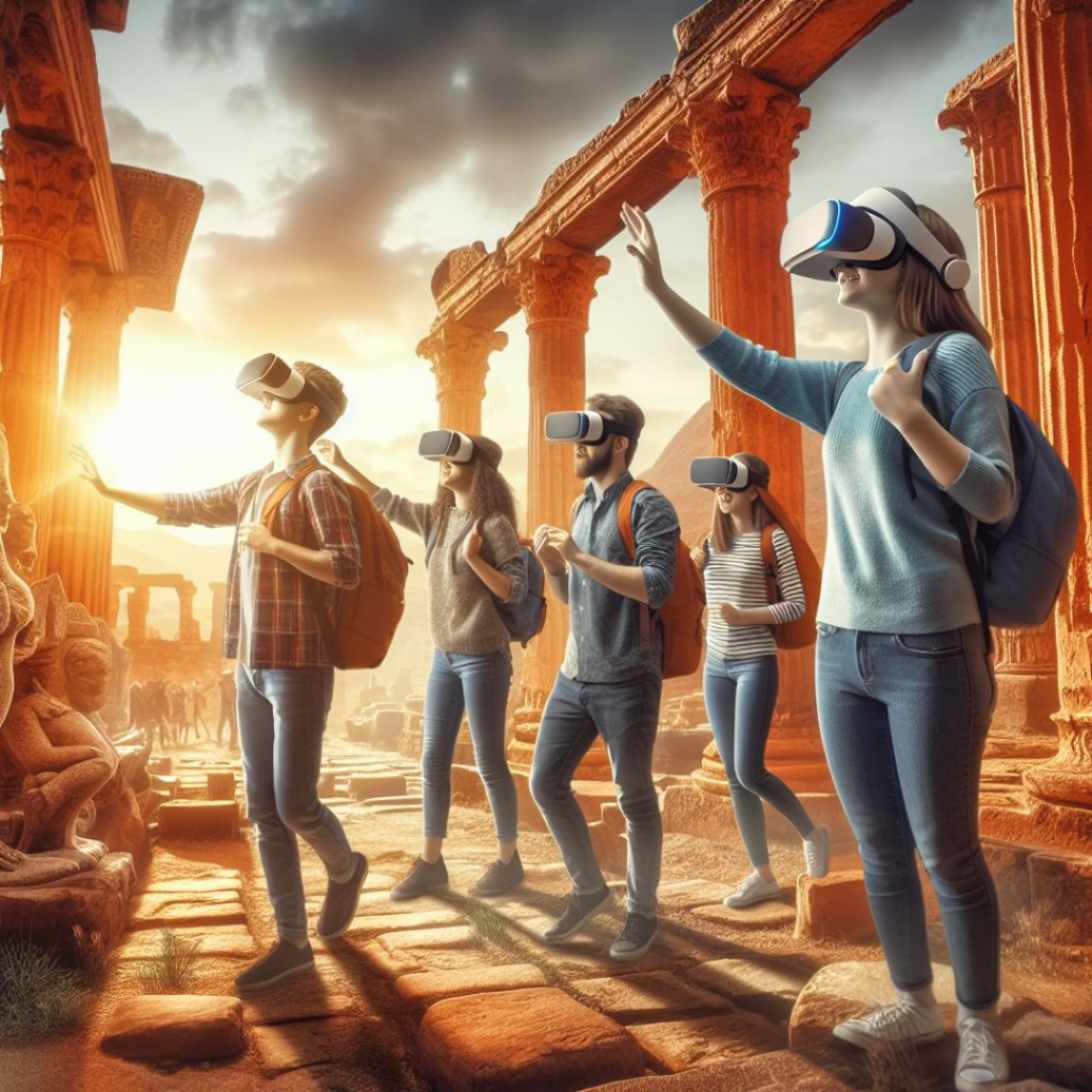 Future of Edtech Students wearing VR headsets exploring ancient ruins