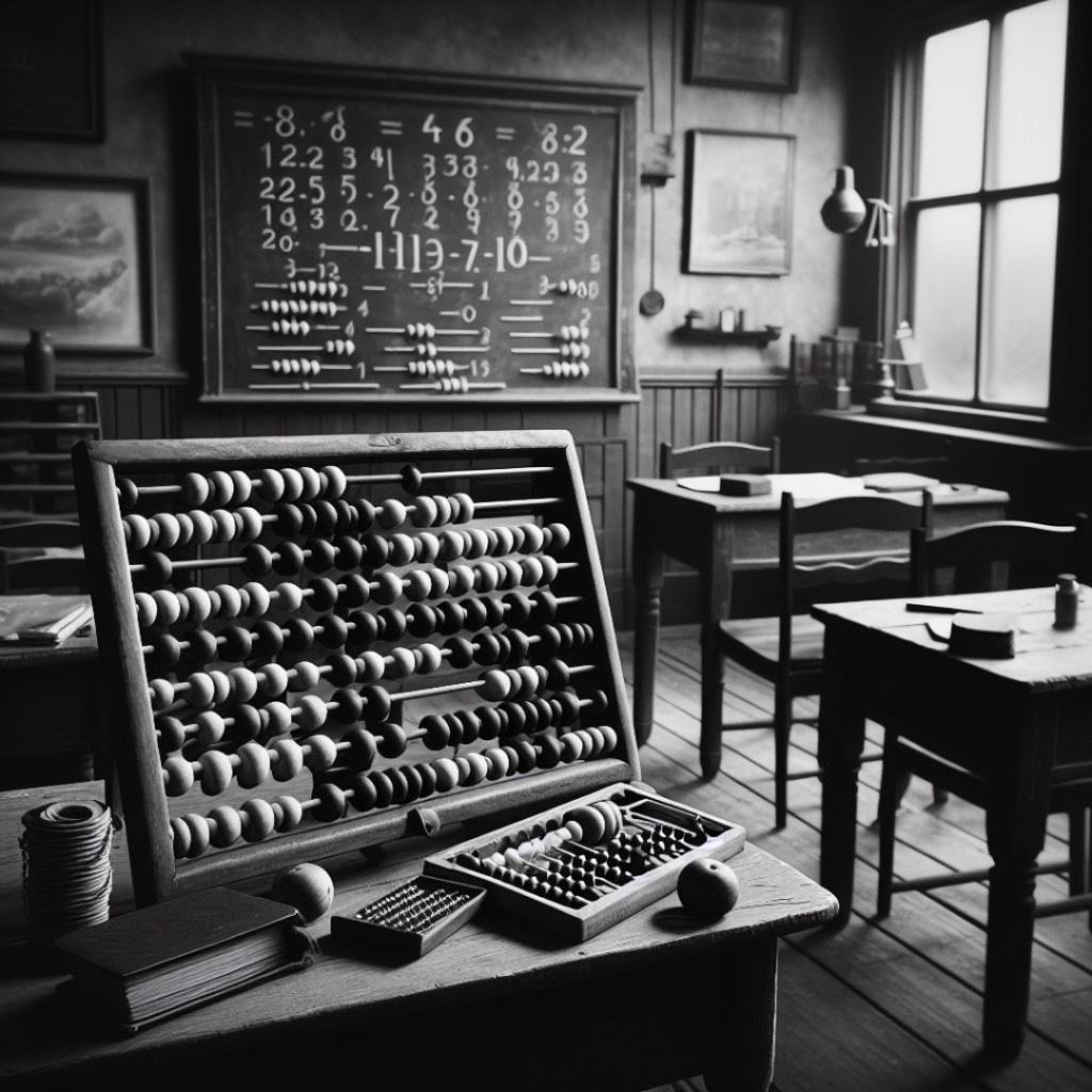 Black and white image of a vintage classroom with slate